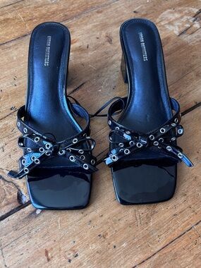 Urban Outfitters Black Patent Slide Heels with Eyelet Bow Straps